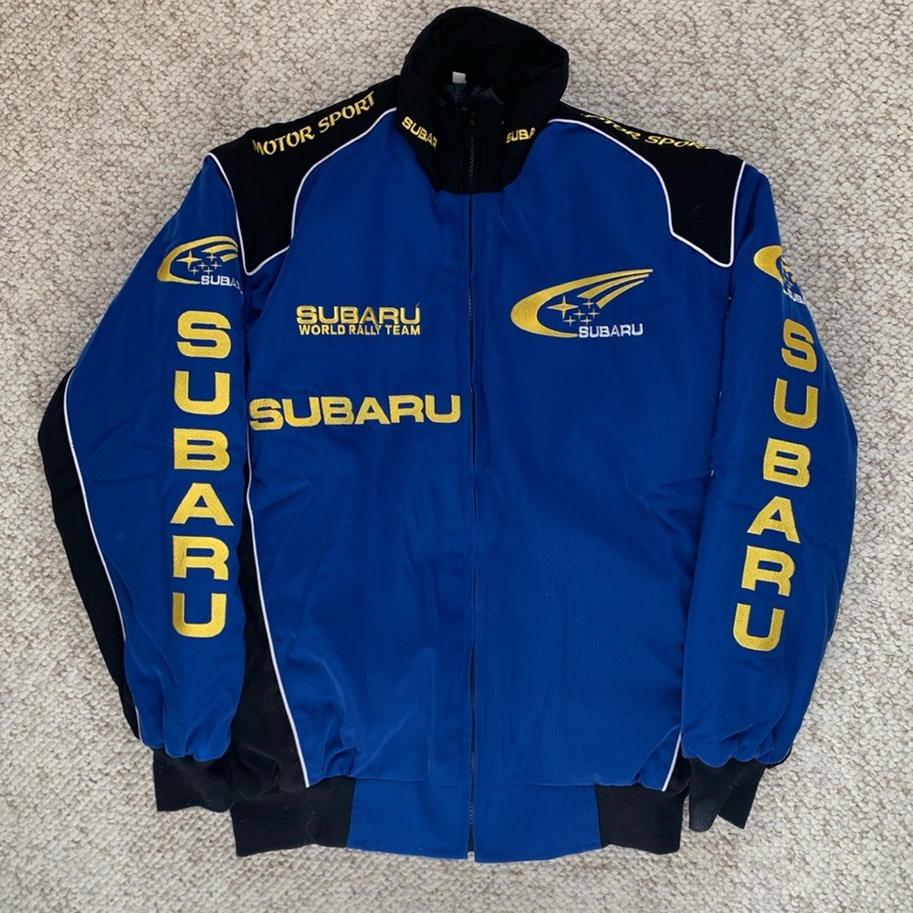 Subaru embroidered, unisex racing jacket. Size S, lightweight but warm.